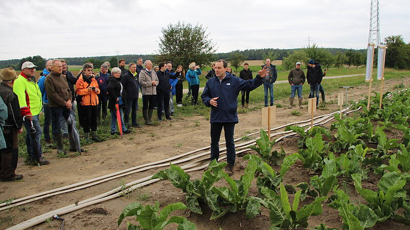 Wie das Wasser optimal an die Wurzeln der Pflanzen gelangt, wird bei dem Pilotprojekt auch untersucht. Bew&auml;sserungsexperte Martin M&uuml;ller zeigte am Meerrettichfeld die unterschiedlichen M&ouml;glichkeiten.