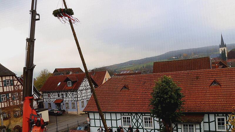 Mit einem Kran wurde der Bürgermeister-Baum in Uetzing aufgerichtet.