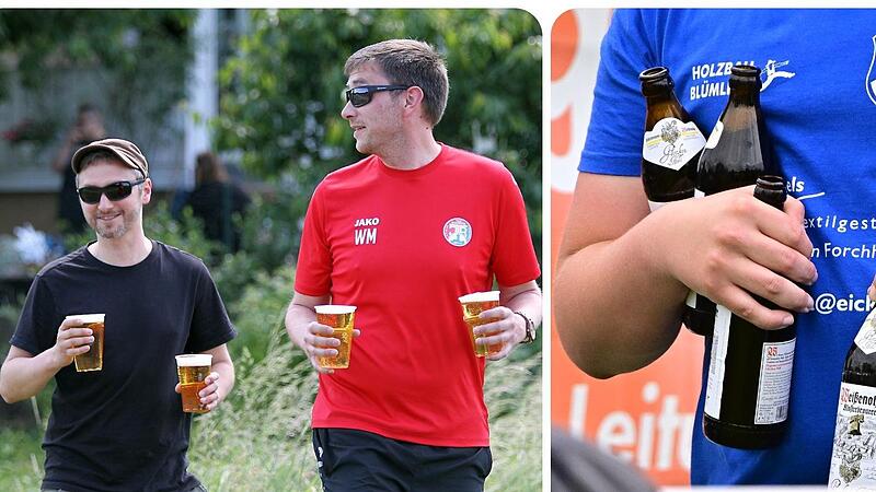 Vorbildlich verhalten sich zwei Besucher (li.) des Relegationsspiels zwischen der TSG und dem TSC Bamberg (4:0). In der regul&auml;ren Saison waren Glasflaschen dagegen noch erlaubt (re.).