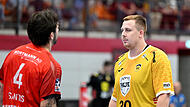 TuS N-Lübbecke vs. HSC 2000 Coburg - 2. Handball Bundesliga 2026/27 - 6. Spieltag Nils Röller und Kreisläuferkollege Max Santos auf Augenhöhe. So war es auch ergebnistechnisch in der Merkur-Arena Lübbecke nach 60 Minuten.