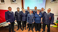 Die Führungsmannschaft der Freiwilligen Feuerwehr Ramsthal: v. li. Bürgermeister Rainer Morper, 2. Vorsitzender Johannes Sixt, Schriftführer Julian Schaub, Beisitzerin Ilona Gößmann-Schmitt, Beisitzer Heiko Ziegler, Beisitzer Michael Rex, stv. Kom...