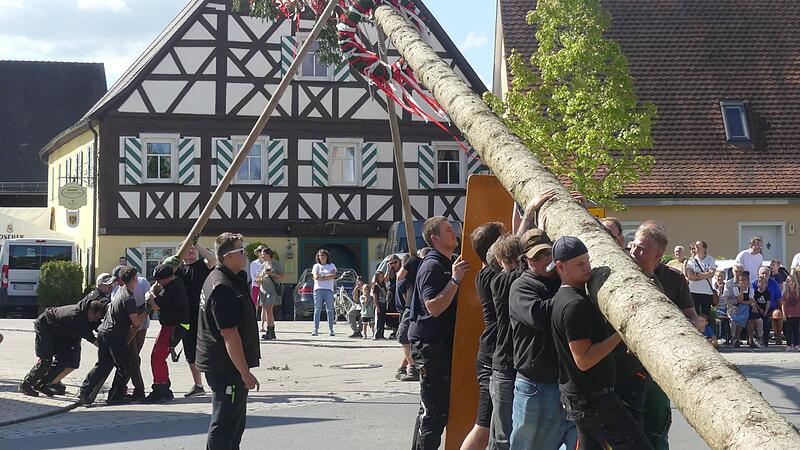 Die Nachwuchs-Ortsburschen und -madle  stellen ihren Baum auf.