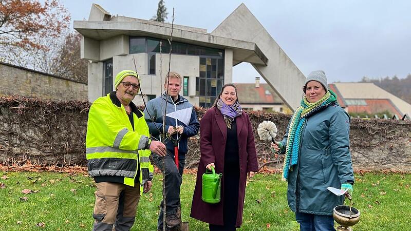 Alexander Becker (Klient Kloster Gärtnerei Maria Bildhausen, von links), Maximilian Christau (Projektmitarbeiter Zelt-Schullandheim im Klostergarten Maria Bildhausen), Julia Herrmann (Gesamtleitung DRW Region Unterfranken) und Maria Krines (Religi... Alexander Becker (Klient Kloster Gärtnerei Maria Bildhausen, von links), Maximilian Christau (Projektmitarbeiter Zelt-Schullandheim im Klostergarten Maria Bildhausen), Julia Herrmann (Gesamtleitung DRW Region Unterfranken) und Maria Krines (Religi...