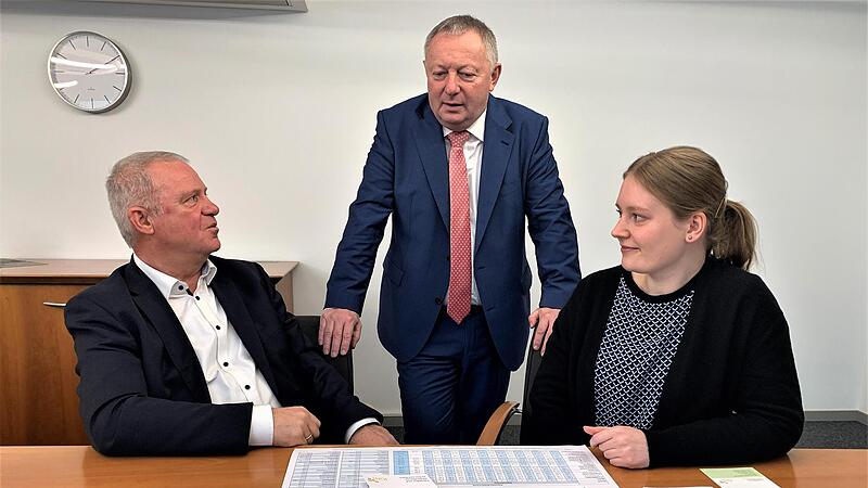 Am Sonntag, 11. Dezember beginnt die neue Fahrplanperiode. Michael Sch&auml;der (links), Nahverkehrsbeauftragter, Landkreis Bad Kissingen, und Nora Schwetje, Koordinatorin f&uuml;r &Ouml;PNV-Projekte, Landkreis Bad Kissingen im Gespr&auml;ch mit Landrat Thomas Bold.