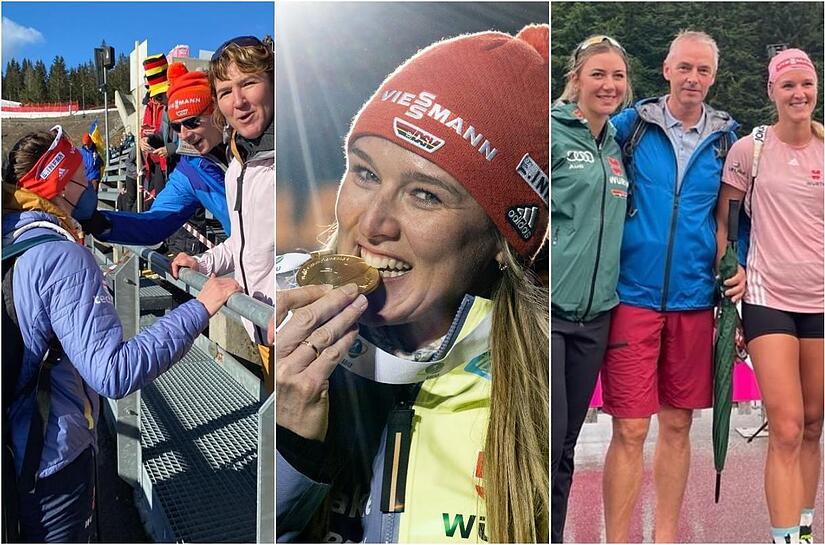 Denise Herrmann-Wick, eine der erfolgreichsten Biathletinnen Deutschlands. Auf dem linken Bild gemeinsam mit Vater Lutz und Mutter Jeanette, in der Mitte nach dem Gold-Coup sowie rechts mit ihrer im Langlauf erfolgreichen Schwester Nadine  und Vat...