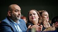 Gequälte Blicke: Das Führungsduo der Grünen, Omid Nouripour und Ricarda Lang (Mitte), sowie Terry Reintke, Spitzenkandidatin für die Europawahl 2024.