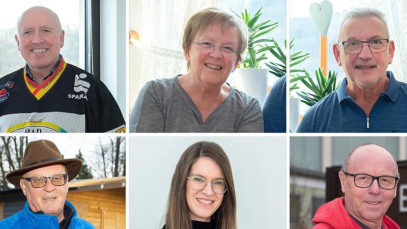 Sie alle erinnern sich an gute Zeiten in der Eishalle Bad Kissingen: (oben von links) Christian Keul, Marianne Rosin, Klaus Rosin, (unten von links) Josef Lemberger, Nicole Graf und Roland B&uuml;hner.