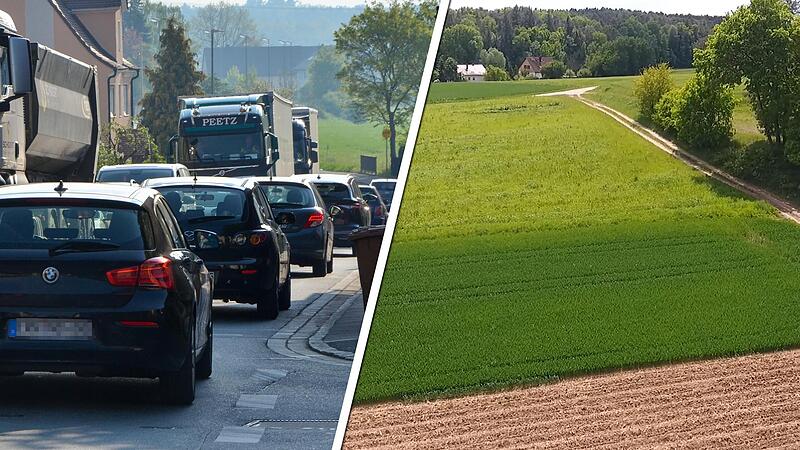Links: 14.600 Fahrzeuge fahren an Spitzentagen durch Niederndorf. Die S&uuml;dumfahrung soll endlich Entlastung bringen. Rechts: Die Gegner sprechen sich gegen die Zerst&ouml;rung von landwirtschaftlichen Fl&auml;chen, Wald und Natur aus, wie auf unserem Foto nahe Hauptendorf.