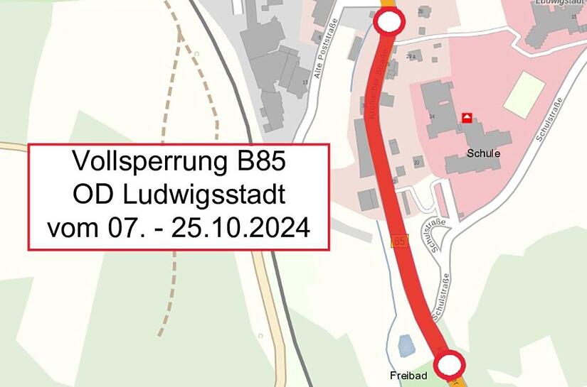 Die städtebauliche Aufwertung der Kronacher Straße macht noch einmal eine Vollsperrung der B 85 vom 7. bis zum 25. Oktober erforderlich. Die städtebauliche Aufwertung der Kronacher Straße macht noch einmal eine Vollsperrung der B 85 vom 7. bis zum 25. Oktober erforderlich.