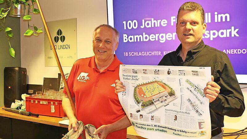 Ein Jahrhundert Volkspark aufgearbeitet: LG Sportwart Carlo Schramm (links) – mit einem Holzspeer und Laufschuhen von annodazumal – und der FCE-Medienbeauftragte Adrian Grodel plauderten aus dem Volkspark-Nähkästchen. Ein Jahrhundert Volkspark aufgearbeitet: LG Sportwart Carlo Schramm (links) – mit einem Holzspeer und Laufschuhen von annodazumal – und der FCE-Medienbeauftragte Adrian Grodel plauderten aus dem Volkspark-Nähkästchen.