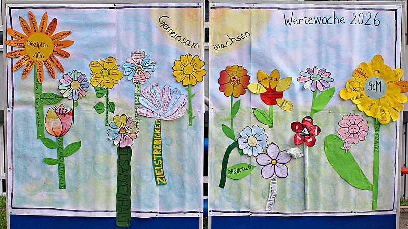 Die Werte, die den Sch&uuml;lerinnen und Sch&uuml;lern der Mittelschule Hammelburg wichtig sind, wurde in Form einer Blume dargestellt, die das Schulmotto &bdquo;Gemeinsam wachsen&ldquo; zu einer Blumenwiese anwachsen lie&szlig;en. Peter G&ouml;bel