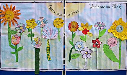 Die Werte, die den Schülerinnen und Schülern der Mittelschule Hammelburg wichtig sind, wurde in Form einer Blume dargestellt, die das Schulmotto „Gemeinsam wachsen“ zu einer Blumenwiese anwachsen ließen. Peter Göbel Die Werte, die den Schülerinnen und Schülern der Mittelschule Hammelburg wichtig sind, wurde in Form einer Blume dargestellt, die das Schulmotto „Gemeinsam wachsen“ zu einer Blumenwiese anwachsen ließen. Peter Göbel