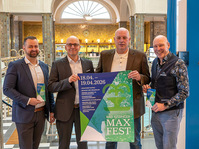 Daniel Bahn (von links), Gesch&auml;ftsf&uuml;hrer der Bayer. Staatsbad Bad Kissingen GmbH, Oberb&uuml;rgermeister Dirk Vogel, Kurdirektor und Gesch&auml;ftsf&uuml;hrer der Staatsbad GmbH, und Ralf Ludewig,  Stadtmarketing Pro Bad Kissingen, freuen sich auf das Max-Fest