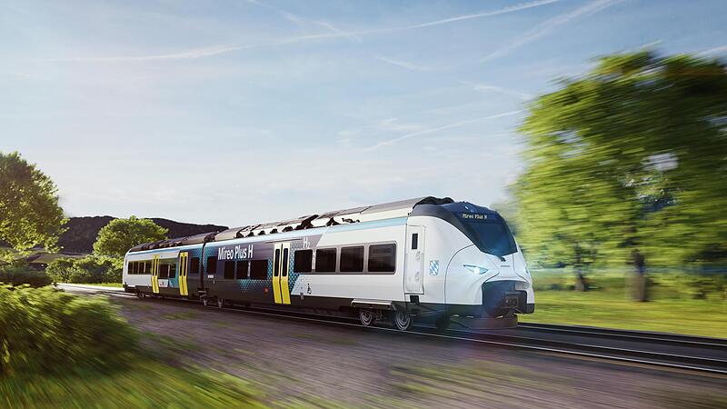 So wird der Wasserstoffzug von Siemens einmal aussehen. Aktuell ist der  &bdquo;Mireo Plus H&ldquo; noch in der abschlie&szlig;enden Entwicklungsphase. K&uuml;nftig soll er aber auf nichtelektrifizierten Bahnstrecken rollen.
