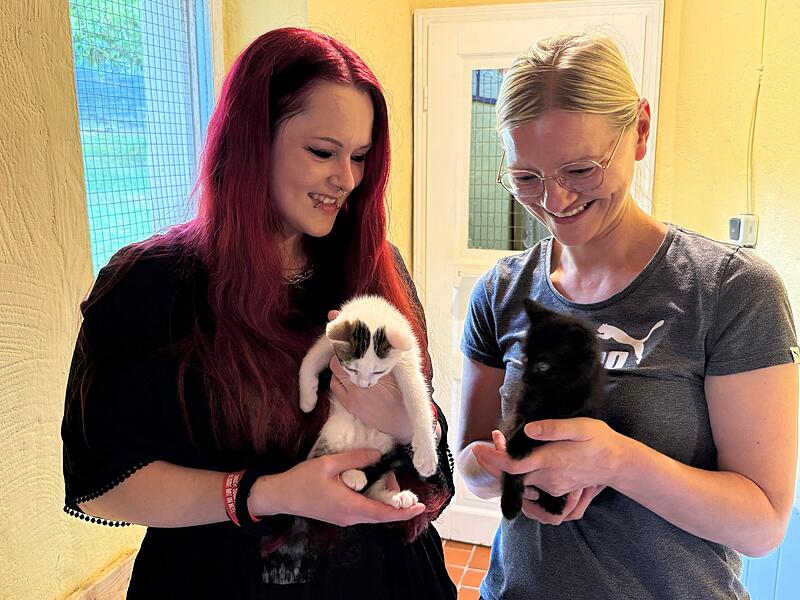 Vereinsvorsitzende Lisa Weber (links) und Tierheim-Leiterin Melanie Pavelka freuen sich &uuml;ber die Katzenbabys, die im Tierheim Oberndorf gesund und sicher zur Welt kamen.