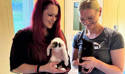 Vereinsvorsitzende Lisa Weber (links) und Tierheim-Leiterin Melanie Pavelka freuen sich &uuml;ber die Katzenbabys, die im Tierheim Oberndorf gesund und sicher zur Welt kamen.