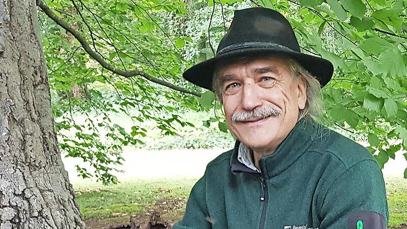An einer großen Blut-Buche (etwa 140 Jahre alt) zeigt Raimund Raab, Leiter des Baummanagements der Bayerischen Schlösserverwaltung, dass die Wurzeln vom Riesenporling befallen sind, einem wurzelzersetzenden Pilz.