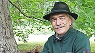 An einer großen Blut-Buche (etwa 140 Jahre alt) zeigt Raimund Raab, Leiter des Baummanagements der Bayerischen Schlösserverwaltung, dass die Wurzeln vom Riesenporling befallen sind, einem wurzelzersetzenden Pilz.