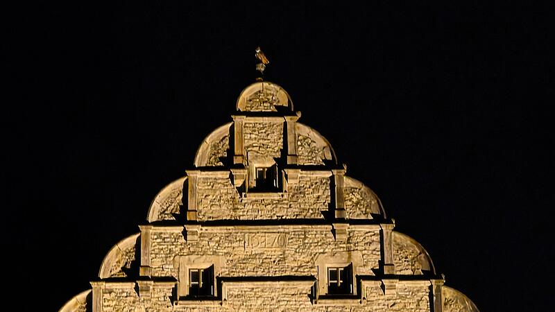 Ein Uhu auf der Spitze des Oberen Tors in M&uuml;nnerstadt