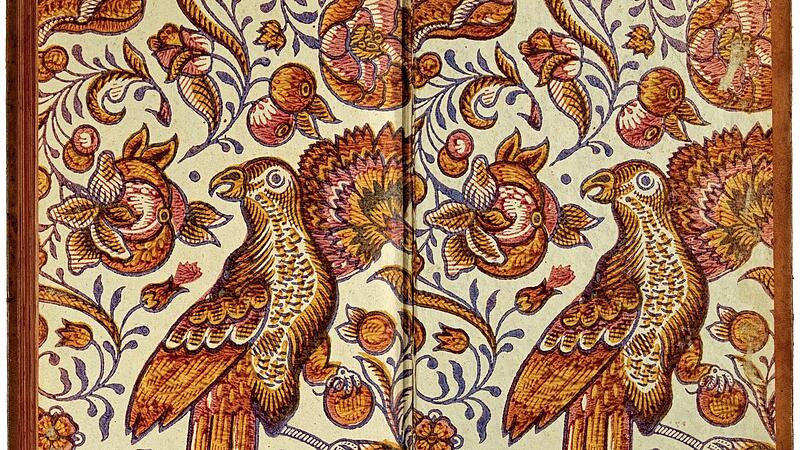 Exotisches Vorsatzpapier: Im Jahr 1610 entstand in Frankfurt ein Kr&auml;uterbuch, das die Arzneimittellehre des griechischen Arztes Pedanios Dioskurides aus dem 1. Jahrhundert aufleben lie&szlig;. Das Modeldruckpapier und der Einband entstanden wohl in der ...