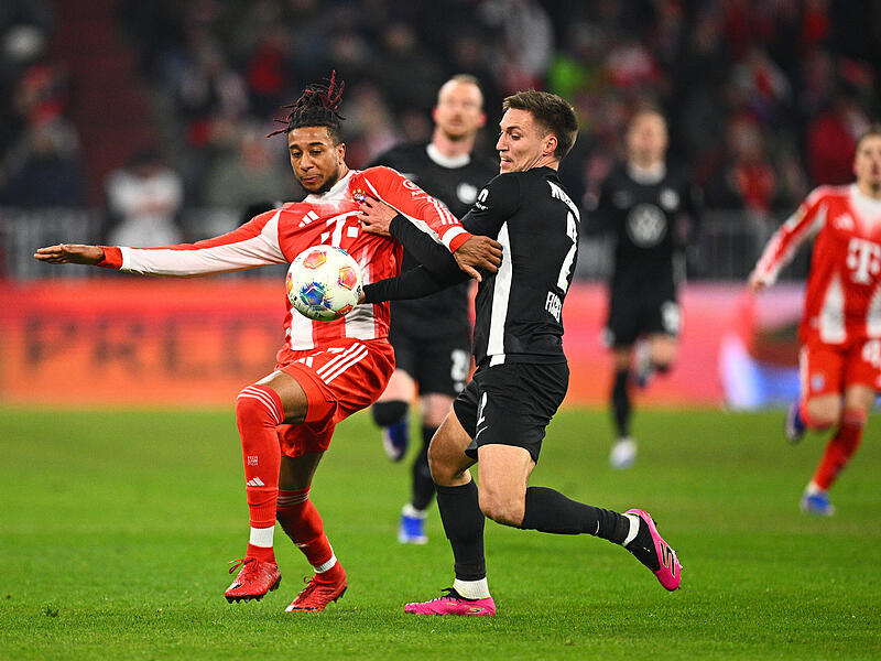 Unterfranke Kilian Fischer (rechts) hatte am Sonntagabend gegen Bayern-Star Michael Olise einen schweren Stand. Unterfranke Kilian Fischer (rechts) hatte am Sonntagabend gegen Bayern-Star Michael Olise einen schweren Stand.