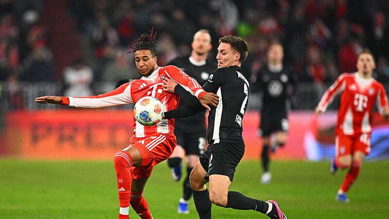 Unterfranke Kilian Fischer (rechts) hatte am Sonntagabend gegen Bayern-Star Michael Olise einen schweren Stand. Unterfranke Kilian Fischer (rechts) hatte am Sonntagabend gegen Bayern-Star Michael Olise einen schweren Stand.