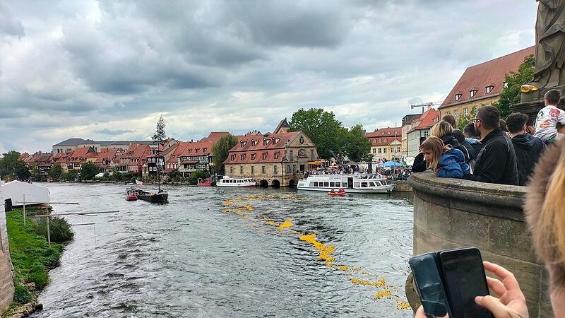 Die Enten sind zum Rennen auf der Regnitz gestartet.