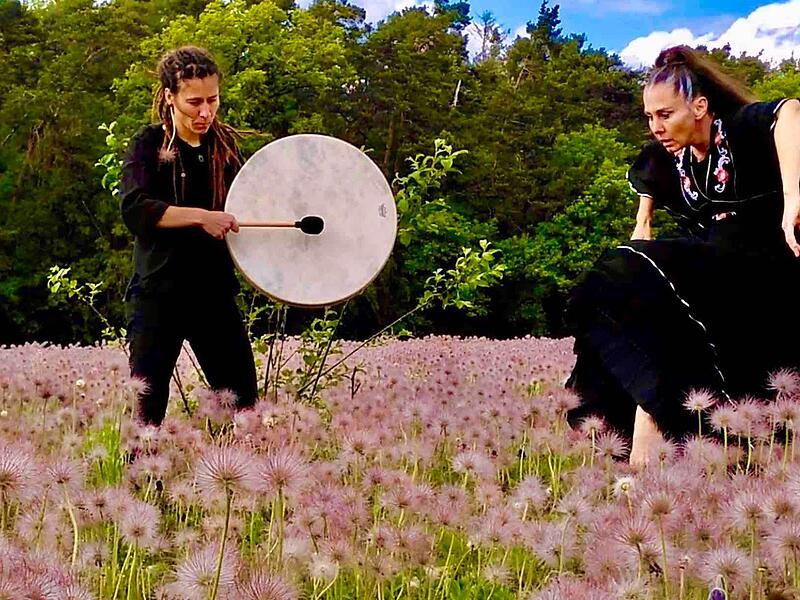 Performance im Pulsatillafeld mit Trommlerin Anja Günther.