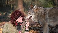 Tanja Askani im Wildpark Lüneburger Heide mit Wolf Nuka, der vergangenes Jahr als Welpe in der Rhön gefunden wurde.