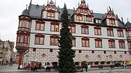Ein großer Weihnachtsbaum ist in der Vorweihnachtszeit immer der Blickfang auf dem Coburger Marktplatz. Hier ein Foto vom Aufbau im November 2024.