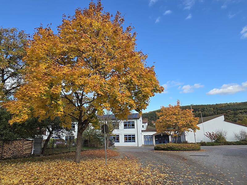 Ein Bild aus Premich: Es zeigt die Schule an einem wunderschönen Herbsttag.