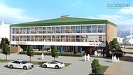So könnte das neue Gemeindezentrum aussehen. Auf der Animation zu sehen: Die Rückseite des Gebäudes mit Eingang zum Rathaus und Gemeindesaal.