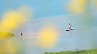 Ein SUP-Fahrer fährt auf dem Forggensee. Ein SUP-Fahrer fährt auf dem Forggensee.