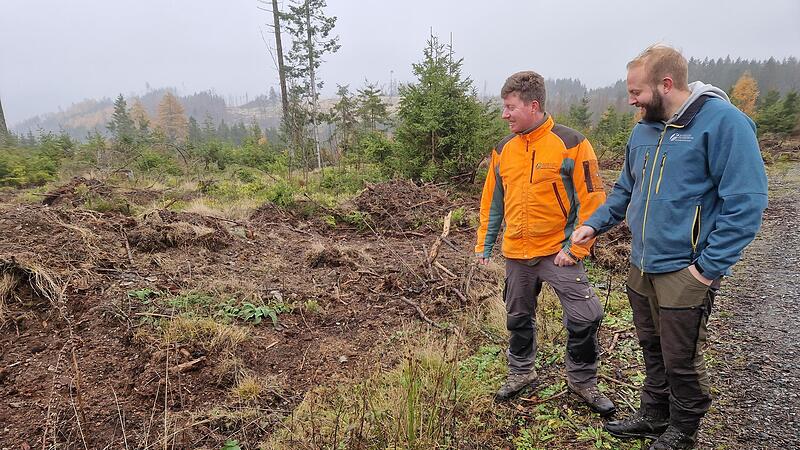 Christian Goldammer (l.) und Fabian Mainardy wissen, dass die bepflanzten Stellen f&uuml;r Au&szlig;enstehende w&uuml;st wirken. Doch gerade hier soll sich der Wald durch das menschliche Eingreifen schneller erholen.