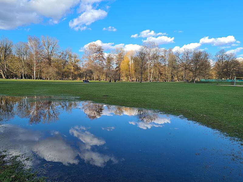 &bdquo;In einem kleinen T&uuml;mpel neben dem Ententeich spiegelt sich der blaue Fr&uuml;hlingshimmel wider&ldquo;, schreibt Regina Parsche zu ihrem Foto, das sie im Luitpoldpark in Bad Kissingen aufgenommen hat.