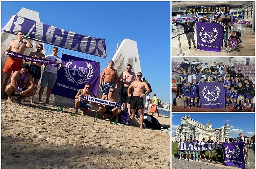 „Sektion Billigflieger“ unterwegs. Links am Strand von Bari, oben rechts beim Abflug in Nürnberg, darunter nach dem Sieg in Memmingen sowie unten der Abstecher zum Schiefen Turm von Pisa.