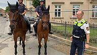 Auch eine Reiterstaffel aus N&uuml;rnberg war beim Festival unterwegs. Rechts der Coburger Polizei-Chef  Ralf Neum&uuml;ller.