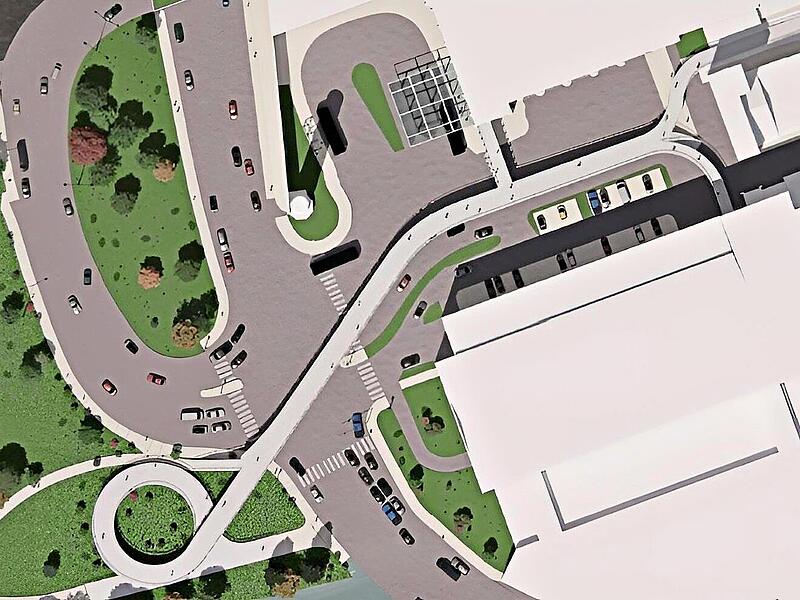 Die Brücke beginnt links unten mit einer „Spirale“ und führt dann über die Kreuzung zum Busbahnhof beziehungsweise zum Fritz. Die Brücke beginnt links unten mit einer „Spirale“ und führt dann über die Kreuzung zum Busbahnhof beziehungsweise zum Fritz.