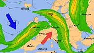 Das Starkwindband „Jetstream“ liegt aktuell genau über Europa.