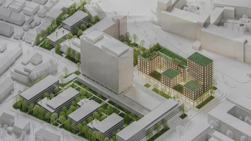 Der Entwurf f&uuml;r das neue Wohnareal "Siemens Mitte" in Erlangen: Das Hochhaus und Elefantentreppe bleiben erhalten (oben links). Das &bdquo;Bingelhaus&ldquo; (rechts) wird zum begr&uuml;nten Komplex.