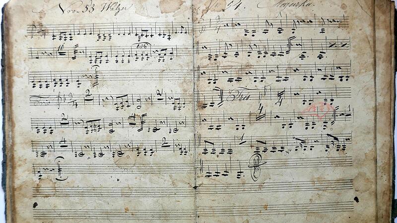 Das sind die Noten f&uuml;r &bdquo;Nro. 53 Walzer&ldquo; und &bdquo;N. 54 Mazurka&ldquo; aus einem der f&uuml;nf Notenb&uuml;cher von Matth&auml;us Herlitz, die Brigitte Schickert gefunden hat.Forchheim & Fr&auml;nkische Schweiz