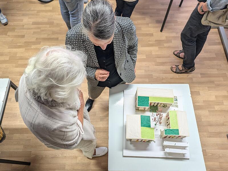 Ines-Ulrike Rudolph steht vor dem Modell eines Dreihaushofs. Ihr B&uuml;ro in der Veit-Sto&szlig;-Stra&szlig;e 2 wurde nach der Podiumsveranstaltung eingeweiht.