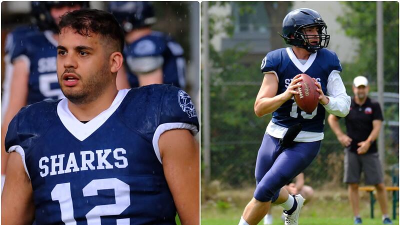 Alessandro Bornaz (links) und Giani Nestola (rechts) spielen beide f&uuml;r die Erlangen Sharks und plaudern gern &uuml;ber American Football.