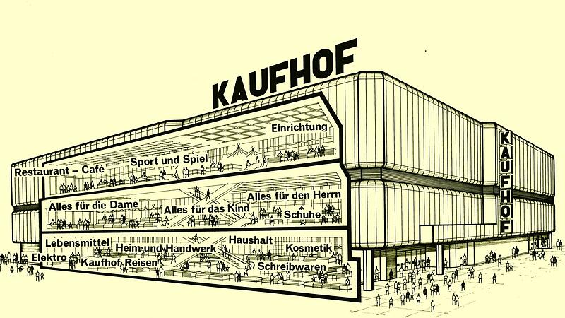 So stellte sich der Kaufhof seinen Neubau in Coburg vor &ndash; damals noch mit Lebensmittelmarkt im Erdgeschoss und mit einem Restaurant im Obergeschoss.