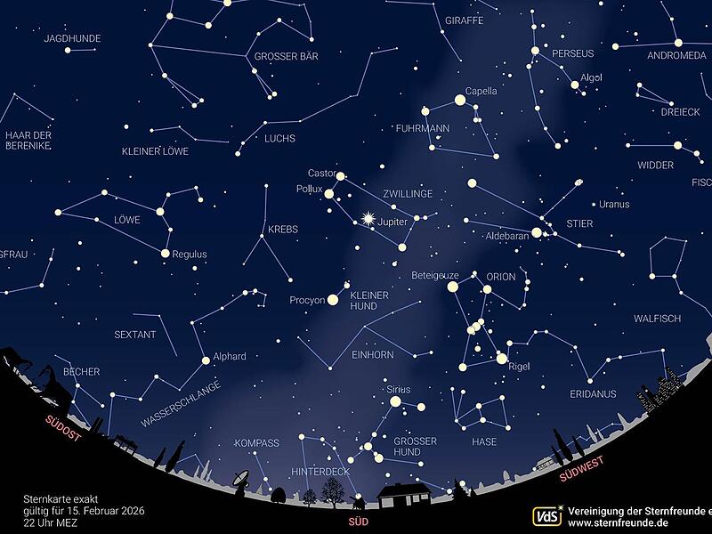 Sternkarte f&uuml;r Februar 2026.