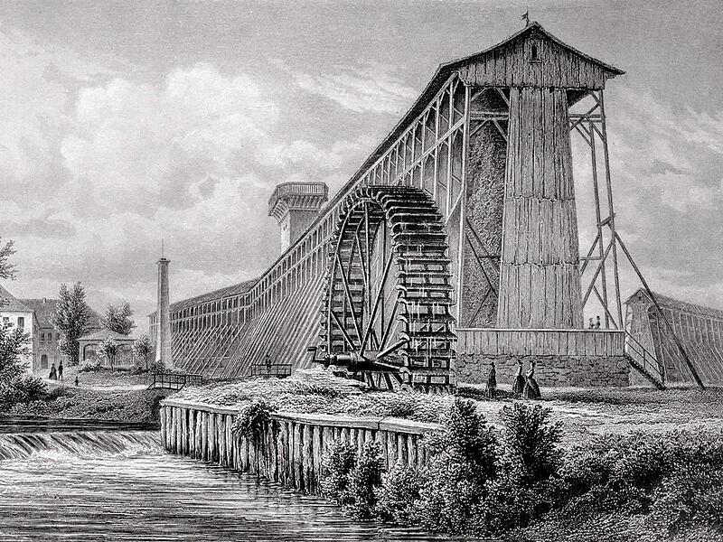 Blick von der Unteren Saline in n&ouml;rdlicher Richtung zum Kloster Hausen: das Gradierwerk im Jahr 1855
