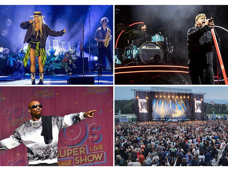 Die Open Airs 2025 in Bad Kissingen: (von links oben) Sarah Connor, Rea Garvey, AK Swift (90s Show) und die Menge beim Connor-Konzert