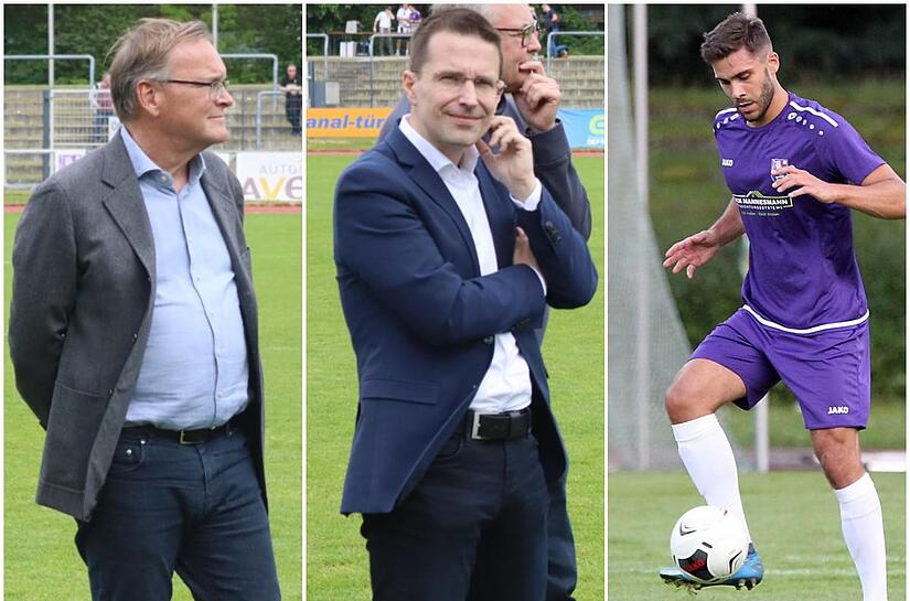 Neben Oberb&uuml;rgermeister Andreas Starke (l.) war auch BFV-Pr&auml;sident Christoph Kern im Fuchs-Park-Stadion und begl&uuml;ckw&uuml;nschte den FC Eintracht um Kapit&auml;n Christopher Kettler zum Regionalliga-Aufstieg.