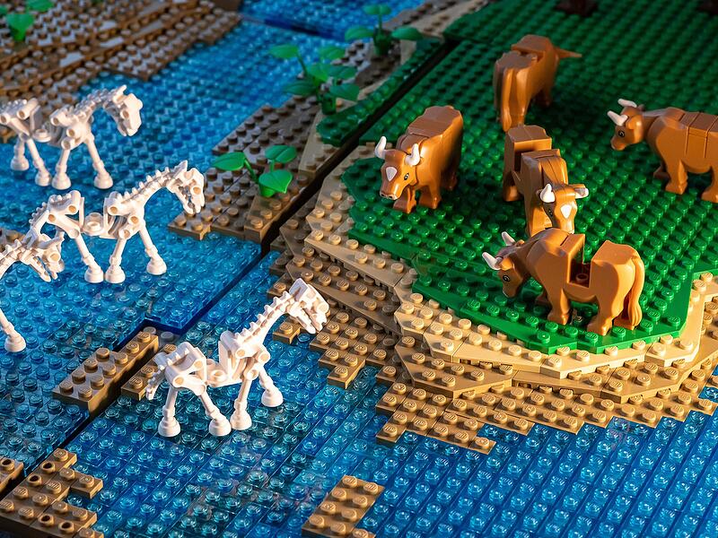 Biblische Geschichten in Lego-Form: Hier träumt der mächtige Pharao von fetten Kühne, die von mageren aufgefressen werden. Biblische Geschichten in Lego-Form: Hier träumt der mächtige Pharao von fetten Kühne, die von mageren aufgefressen werden.