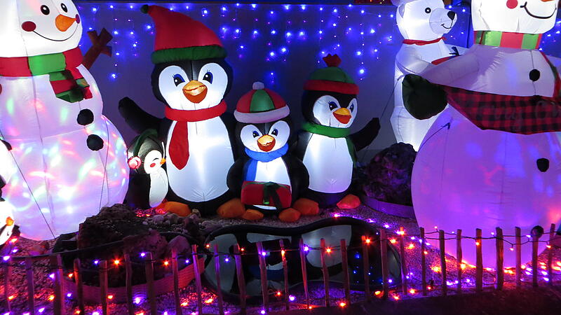 Traumhafte Leuchtfiguren schmücken auch zu Weihnachten einen Hof in Geisfeld im Landkreis Bamberg.
